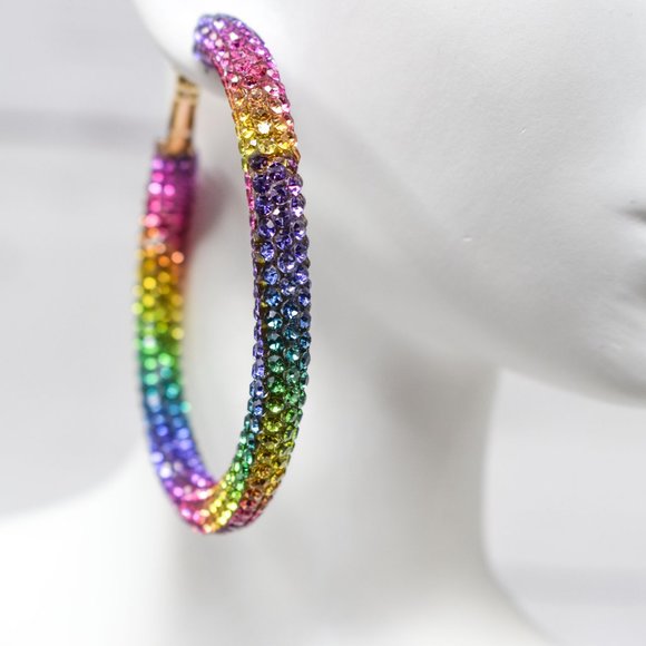 2.25" Boho Multicolor Pave Rhinestone Hoop Earring - Picture 8 of 11